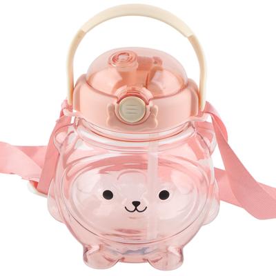 Large Water Bottle 1000ml Cartoon Bear Shape Portable Drinking Bottle with Straw Strap for Summer