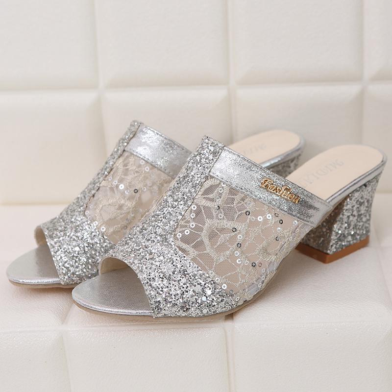 Women Summer Home Slippers Flip Flops Peep Toe Lace Sandals Glitter Sandals Platform Bling Ladies Shoe