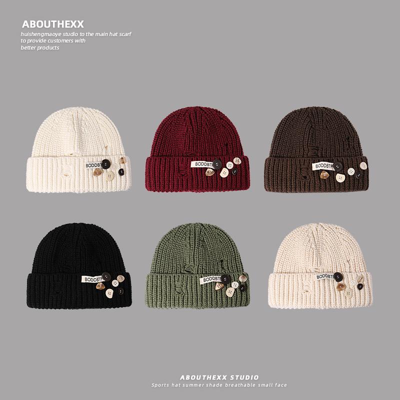 New Autumn and Winter Knitted Woolen Hats for Women Fashionable Hole In The Head Hats for Outdoor Cycling  Button Ear Protection Cold Hats for Men