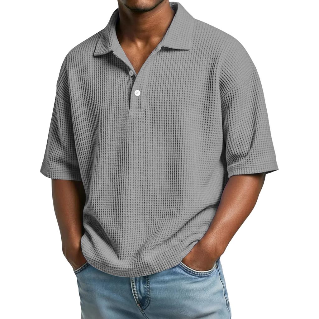 Versatile Men Waffle Knit Polo Shirts Short Sleeve Lapel Neck Solid Loose Casual Daily Male Tops