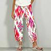 Women Plus Size White Green Floral Printed Loose Cropped Pants Cross Hem With Pockets