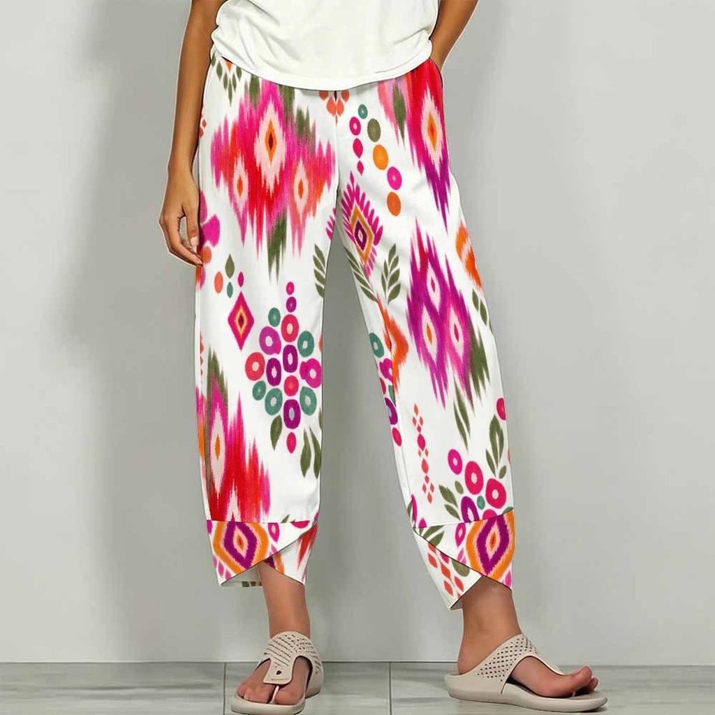Women Plus Size White Green Floral Printed Loose Cropped Pants Cross Hem With Pockets