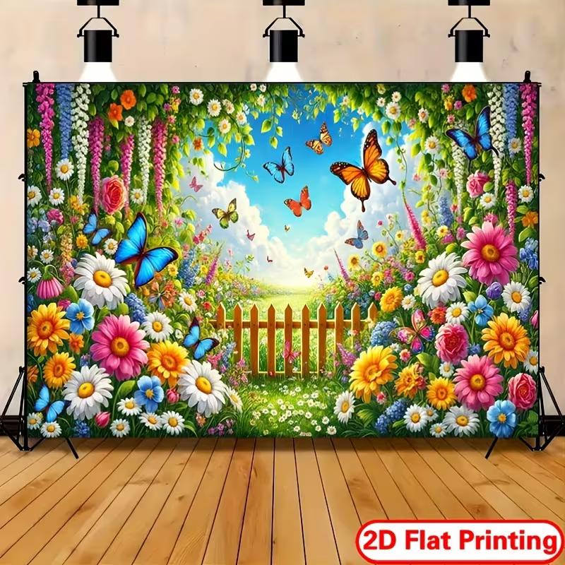 2D Sommergarten Kulisse Blumig Schmetterling & Zaun Fotokabinen Hintergrund