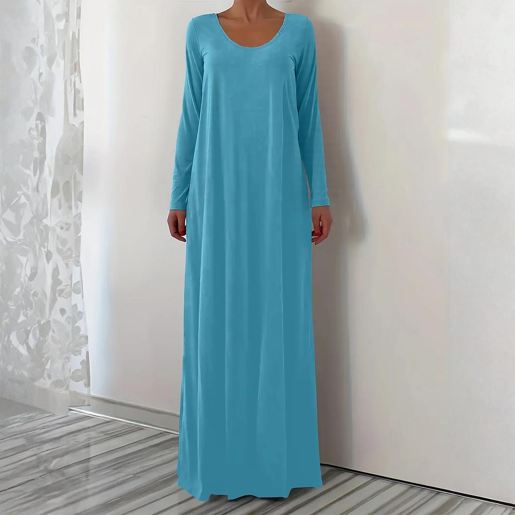 Damen Modisches Einfarbiges V-Ausschnitt Langarm Lässiges Locker Sitzendes Überziehkleid Lang