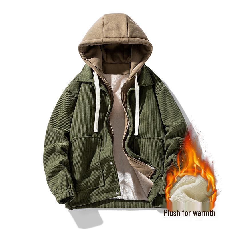 Japanese Trendy Corduroy Hooded Jacket with Fleece Lining: Autumn/Winter Hong Kong Style for Men