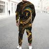 Men Plus Size Black Blue Green Printed Round Neck Long Sleeve Top Cuffed Pants Two Piece Set