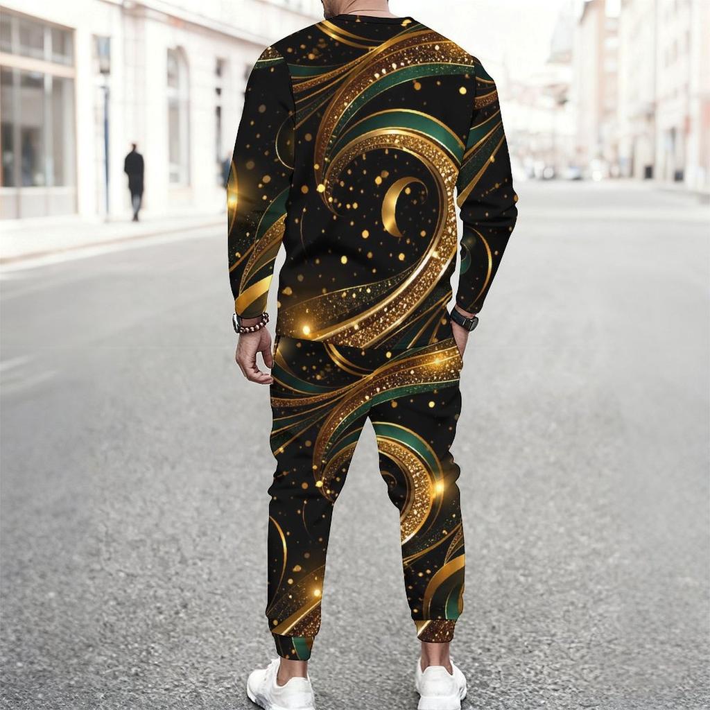 Men Plus Size Black Blue Green Printed Round Neck Long Sleeve Top Cuffed Pants Two Piece Set