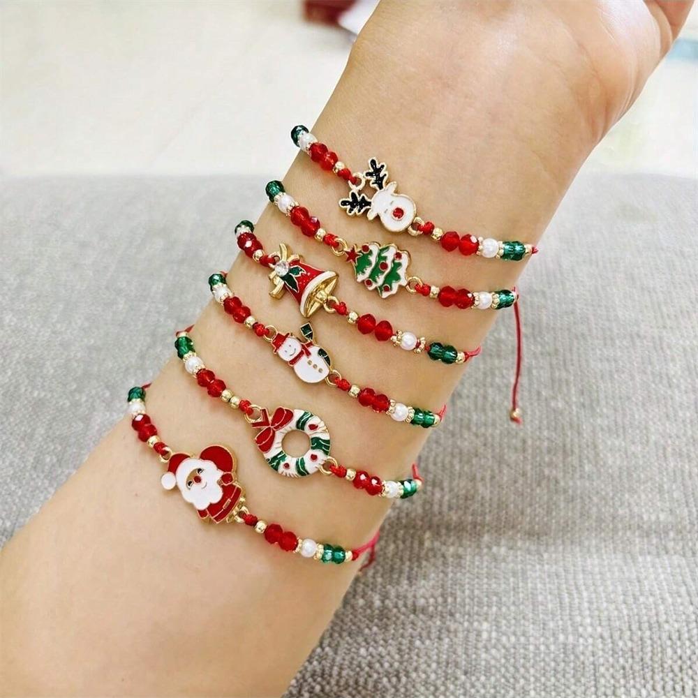 

6-Pack Multicolor Christmas Bracelets Christmas Tree Santa Claus Christmas Gift Snowman Designs Wreath Crystal Bead Bracelet