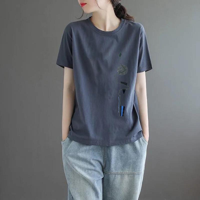 Short Sleeved Women's Summer Korean Round Neck Printed Geometric Large Loose Pullover Casual T-shirts Tops