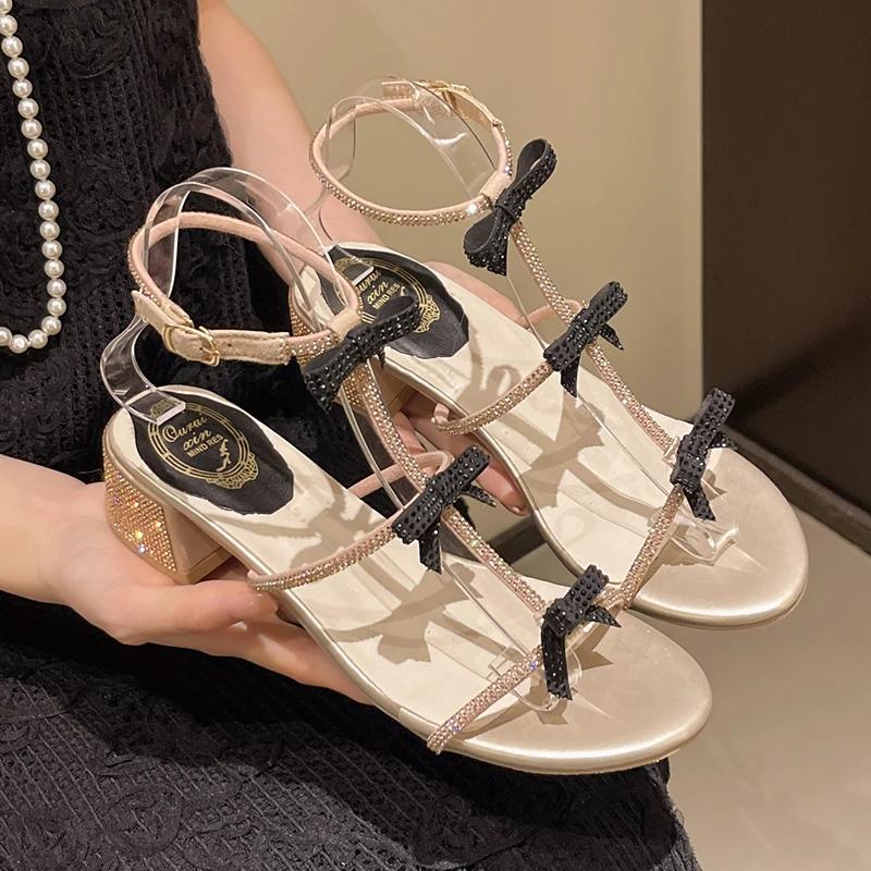 Fashion Luxury Bowknot Crytsal Thick Heel Sandals Women Elegant Ankle Strap Party Shoes Woman 2025 Med Heels Gladiator Sandalias Mujer