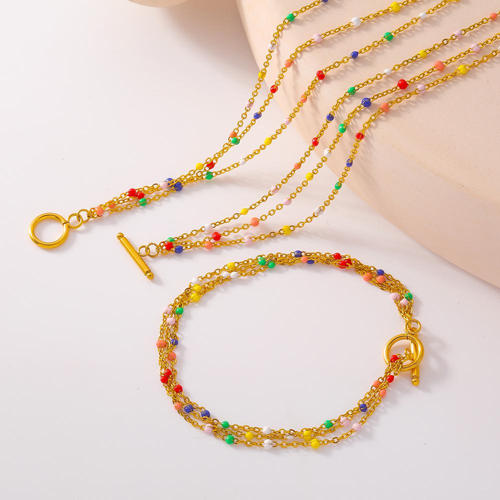 Multicolor Drip Round Bead Gold Layered Bracelet Necklace Set - Ethnic Style Titanium Steel Jewelry.