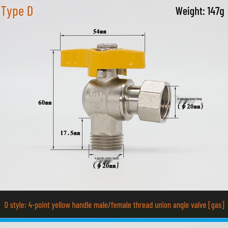 Brass Gas Valve: 4-Point Household Threaded, 6-Point Floor Heating Boiler Ball Valve, Wall-Hung Angle Valve