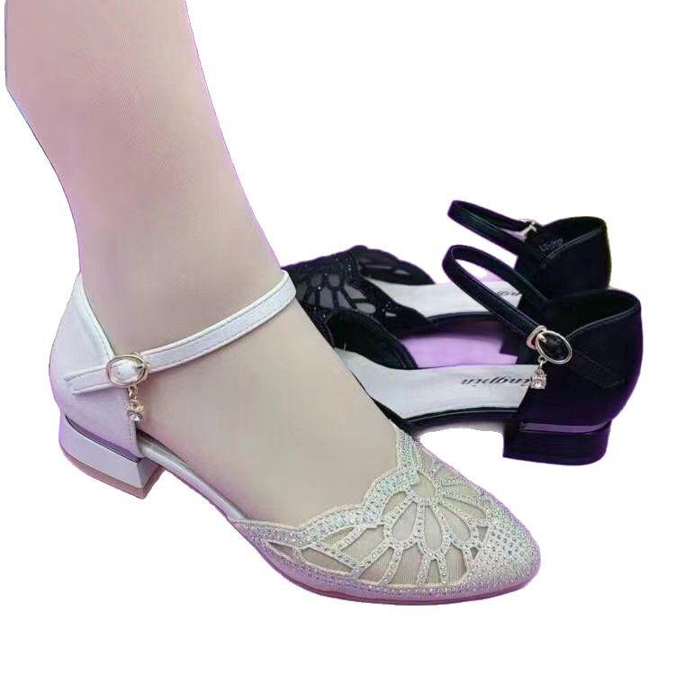 Hollow soft sole medium heel sandals women's medium heel thick heel outer wear shallow mouth pointed hollow rhinestone one-word buckle belt mother