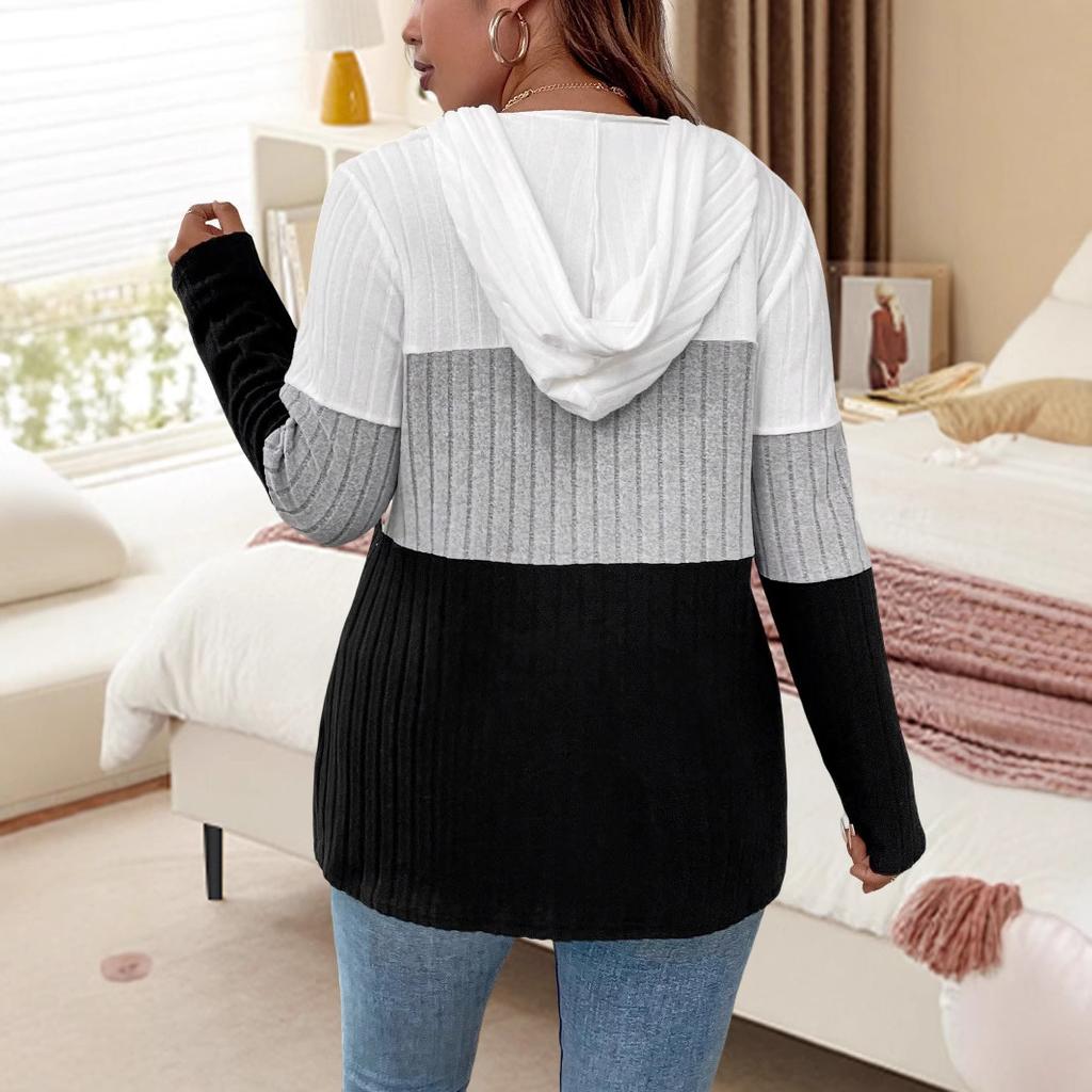 Women's Fashion Casual Spring Autumn Colour Block Print Long Sleeve Hooded Blouses & Shirts