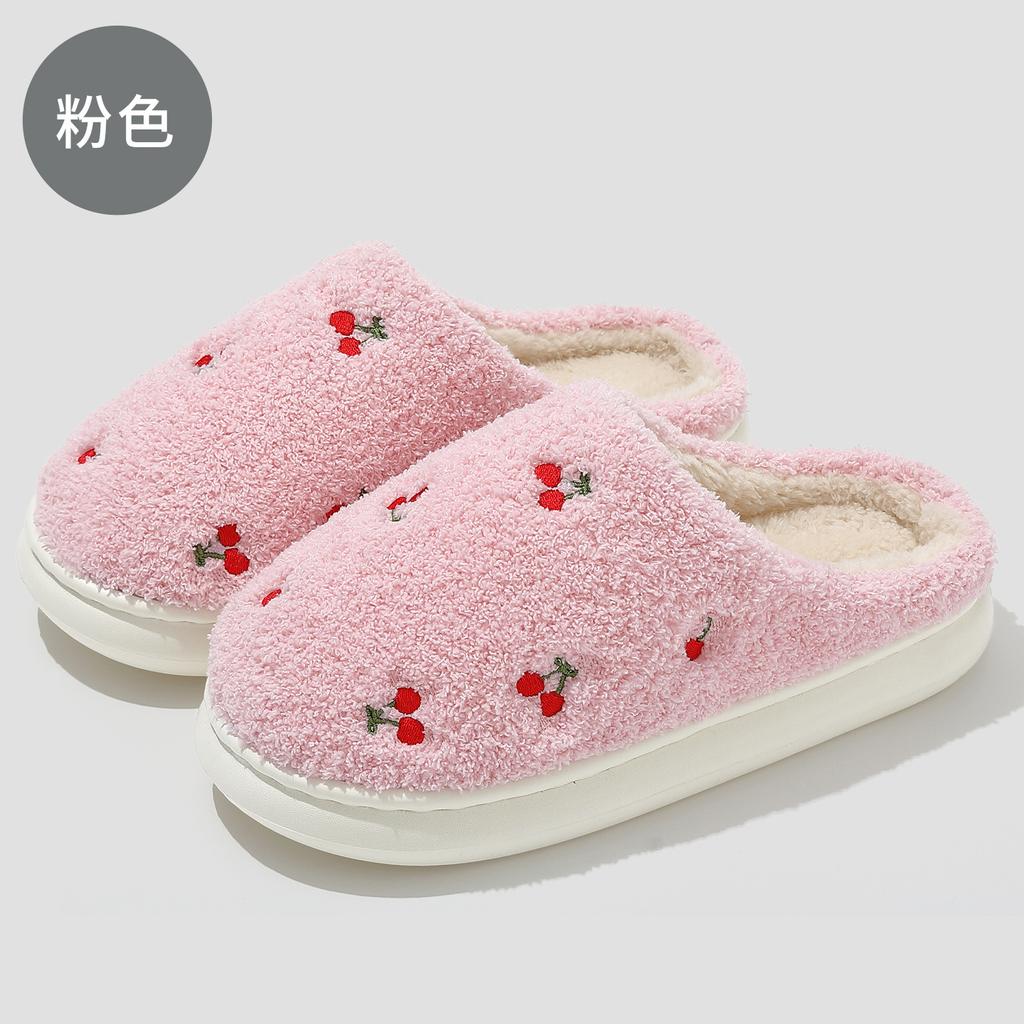 Home Cotton Slippers Winter Cute Embroidered Cherry Plush Warm Indoor Household Non-slip Fluffy Slippers