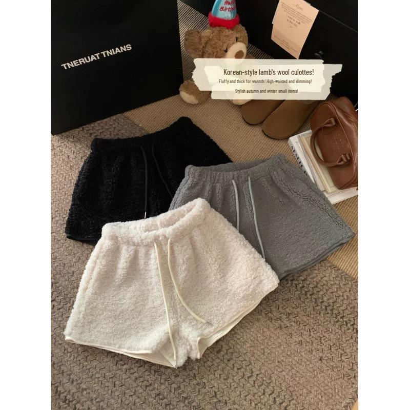 Women's 2024 Lambswool High Waist Drawstring Warm Shorts - Autumn/Winter Casual Loose Fit Hot Pants Outerwear