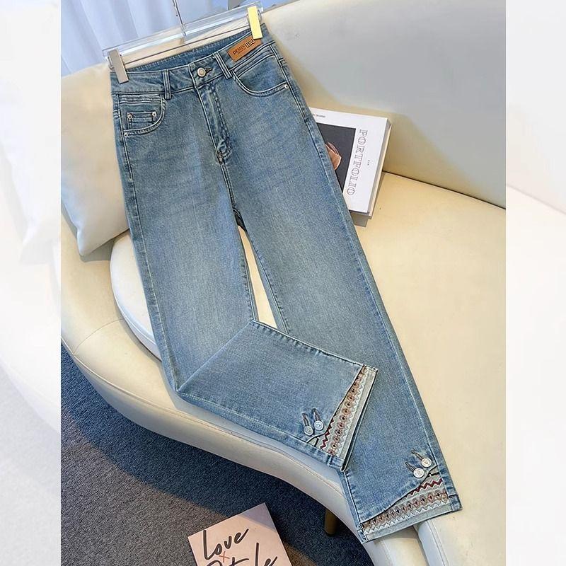 Retro Straight Leg Jeans for Women Spring/Summer Cropped Pants Embroidered Straight Leg Pants
