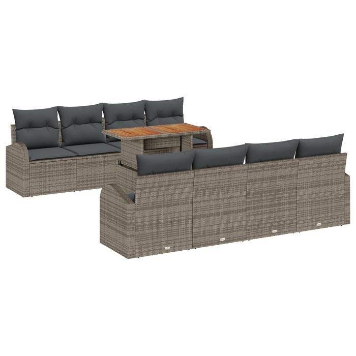 VidaXL Ensemble de salle à manger de jardin de 9 pièces avec coussins en poly rotin gris et acacia 3349558