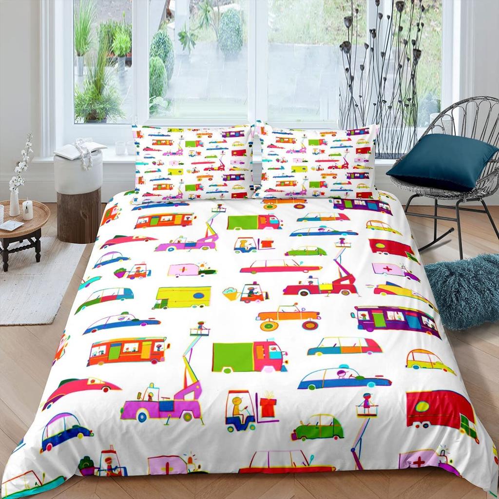 Ambulance Car King Queen Duvet Cover White Cartoon Medical Car Bedding Set For Kid Hospital Rescue Vehicle Polyester Quilt Cover