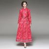 Autumn Fashion Brand Designer Letters Print Red Vintage Maxi Dress Women Long Sleeve Turn Down Collar Belt Lace Up A Line Party Robe