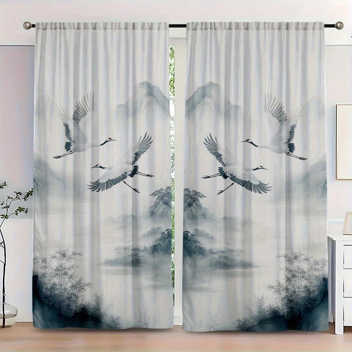 2pcs Curtains Show Elegant Flying Cranes Over a Tranquil Lake Surrounded by Misty Mountains. Designed with Soft Brushstrokes 100*130 HOOK 1pcs