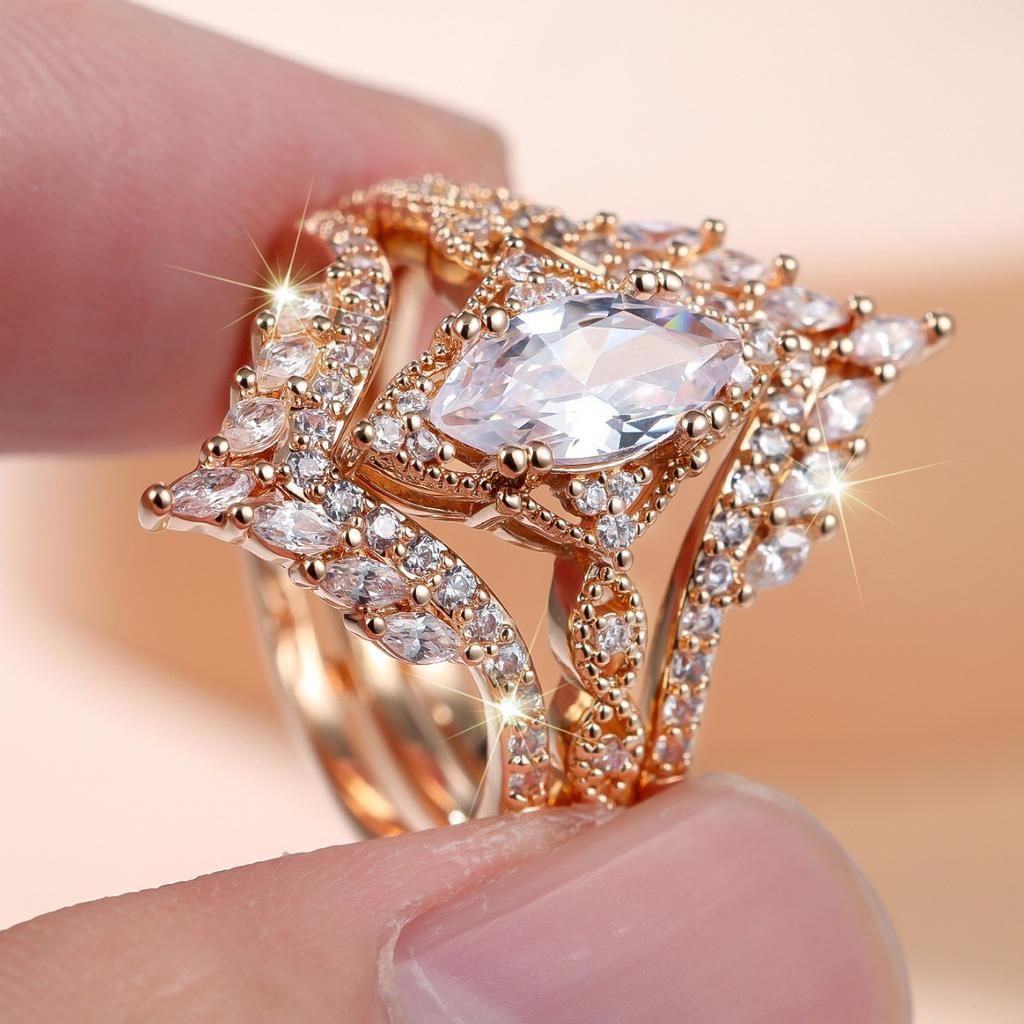 Small Geometric Luxury Female White Zircon Stone Ring Set Fashion Vintage Gold Color Bridal Wedding Engagement Jewelry for Women