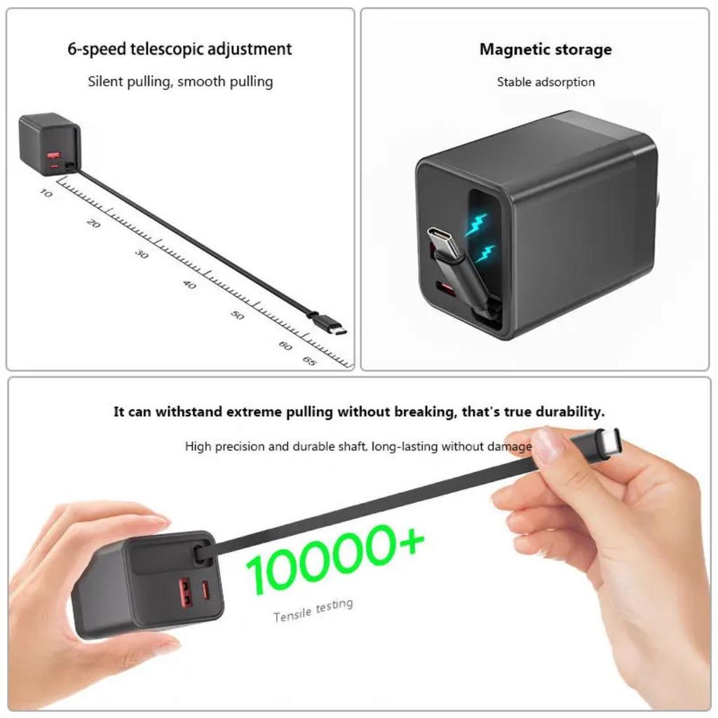 65W GaN Charger with Retractable Cable for Fast PD Charging - Compatible with Apple, Huawei, Xiaomi, Type-C Devices