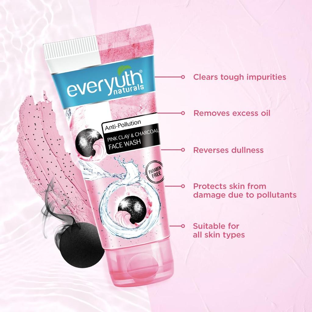 Everyuth Naturals Anti Pollution Pink Clay Charcoal Face Wash 150g Deep Cleansing for All Skin Types