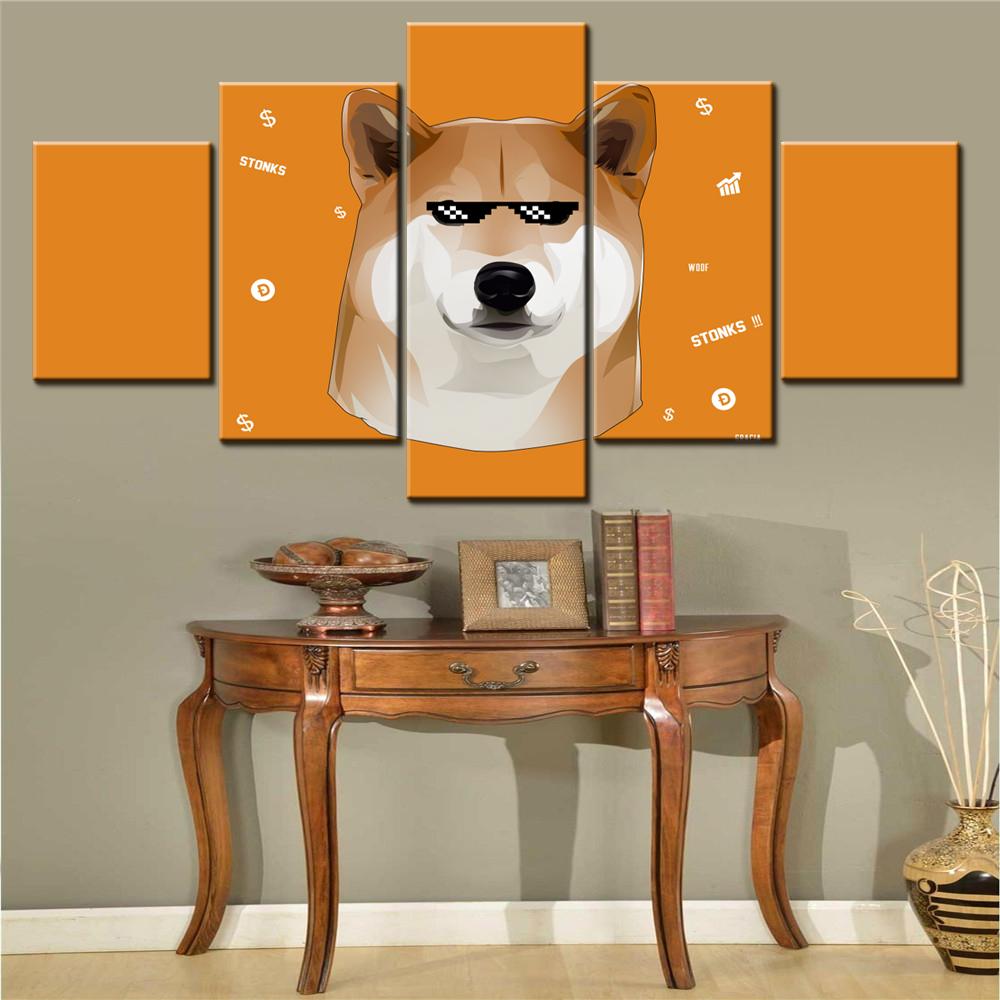 

5 Pieces Canvas Wall Arts Poster Painting Technology Dogecoin Meme Wallpaper Interior Home Decor Picture Printing Artwork Mural 20X35 20X45 20X55CM