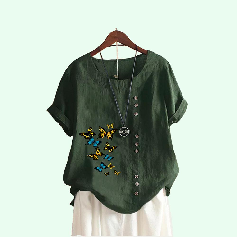 Tricou cu mânecă scurtă cu imprimeu de fluturi la modă pentru femei, ocazional de vară, cu gât rotund, bluze lejere din bumbac