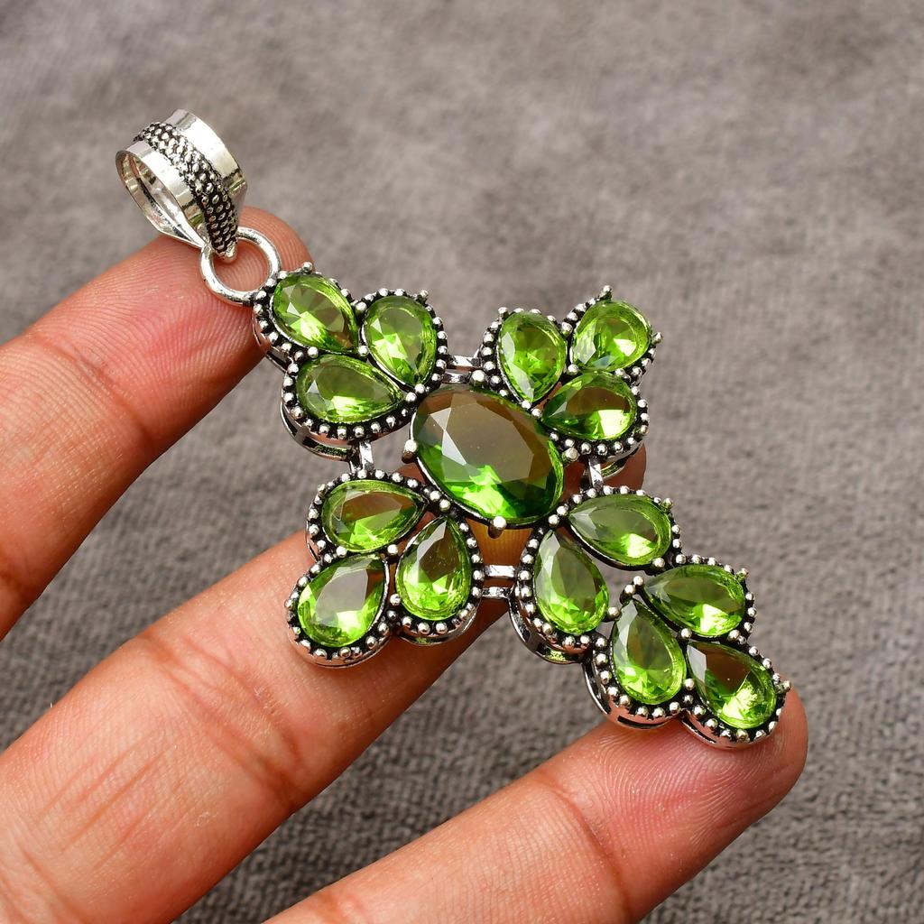 Peridot Gemstone Cross Shape Pendant : 925 Sterling Silver Handmade Jewelry Pendant