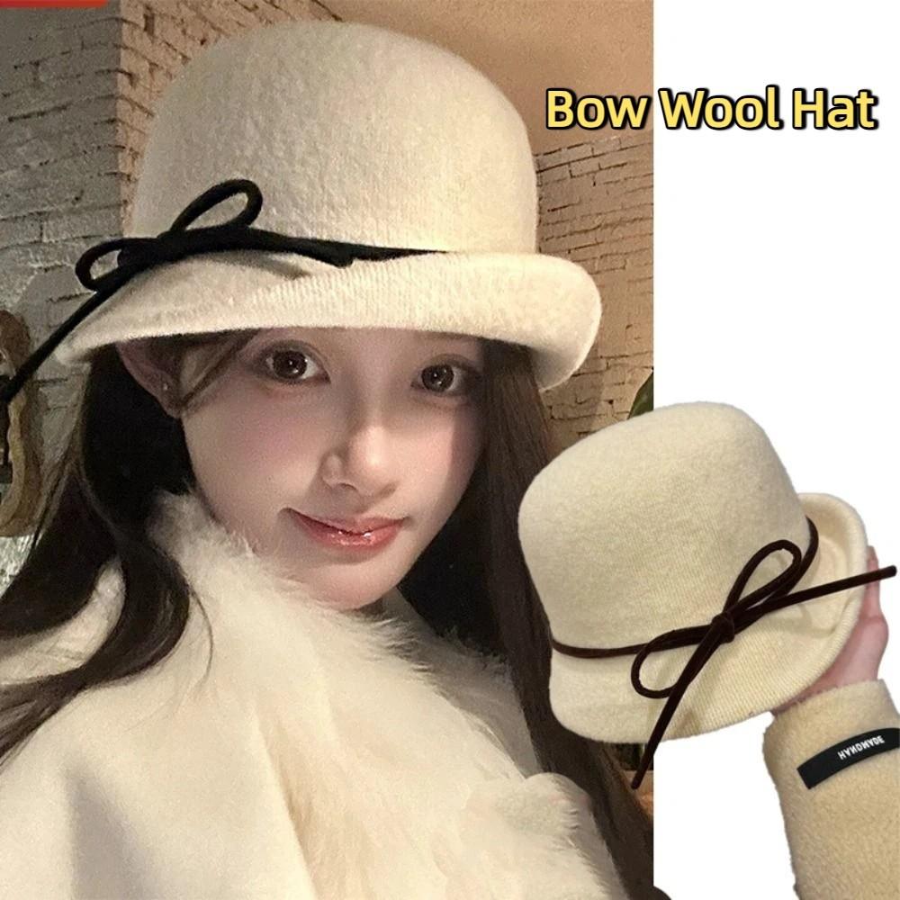 Elegant Woolen Bucket Hat Bowknot Wool Fisherman Hat Retro Hepburn Style Topper Hat Outdoor