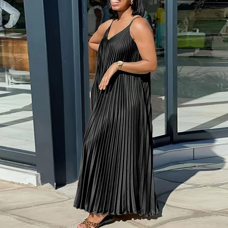 Rochie Lungă cu Bretele Plisată pentru Femei în Diverse Culori - Rochie Midi Elegantă în A cu Bretele Spaghetti Reglabile