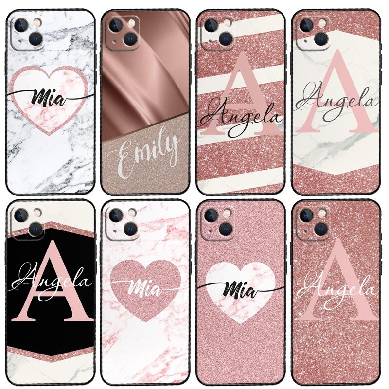 Personalised Name Initial Marble Pink Phone Case For iPhone 15 14 13 12 11 16 Pro Max Mini X XS XR Max 7 8 Cover Funda