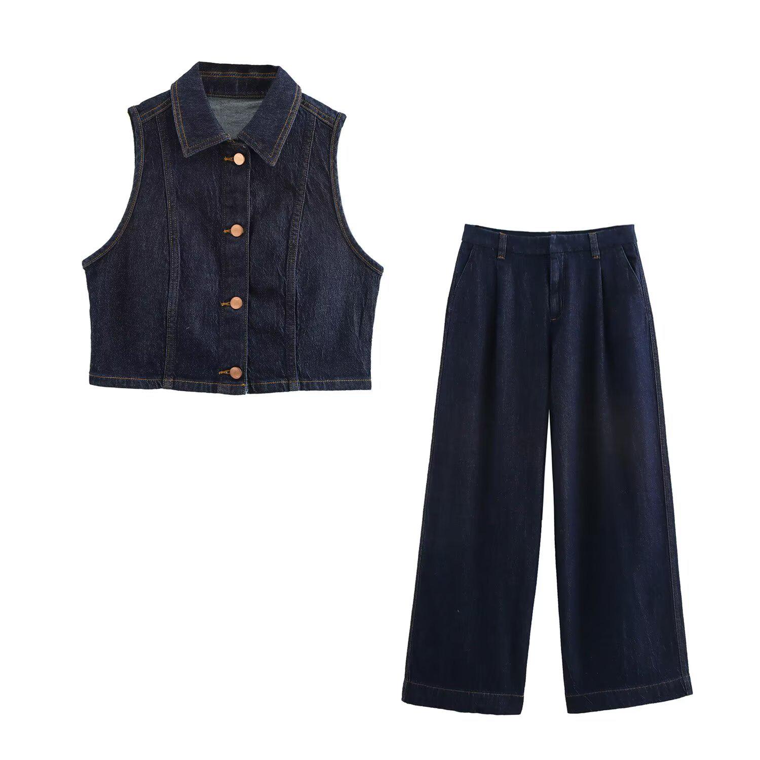 

Spring 2025 Women s Slim-Fit Denim Vest & Mid-Waist Wide-Leg Pants Set XS