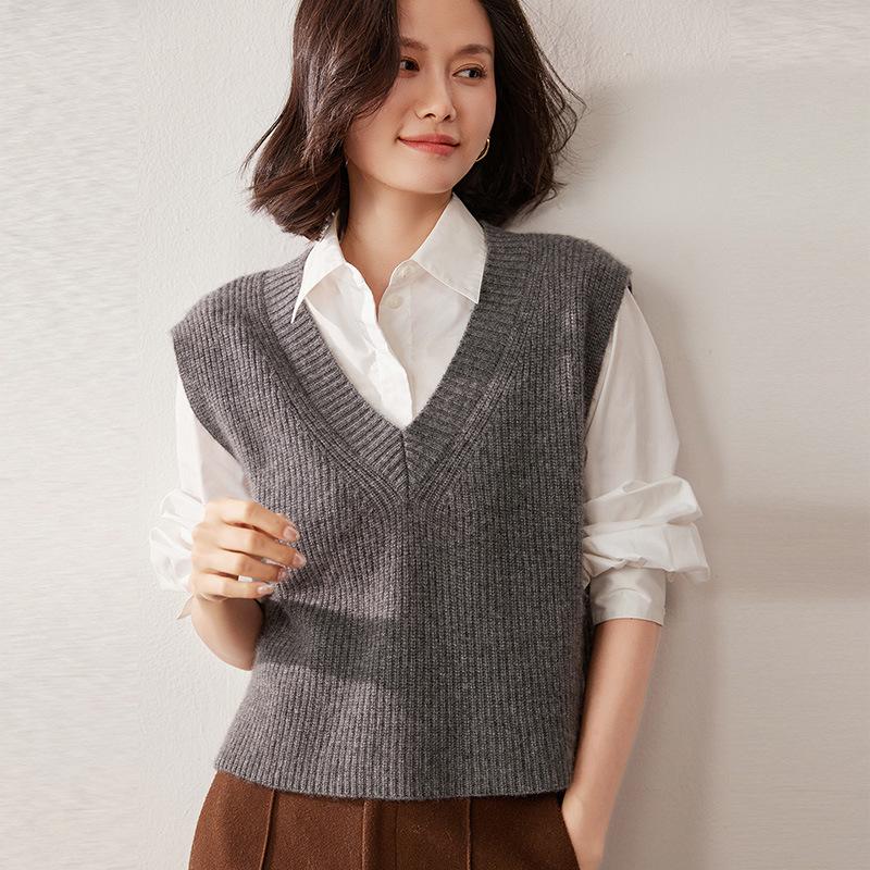 Lekasha Women's Cashmere V-Neck Sleeveless Knit Vest - Autumn/Winter Fashion