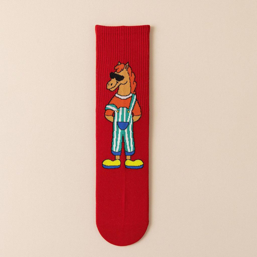 Year of the Horse Red Socks Gift Box: Zodiac-Themed Cartoon Cotton Mid-Calf Socks for New Year Celebrations