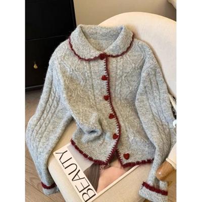 Lapel Love Button Twist Sweater Cardigan for Women Autumn Winter Thickened Loose Knitted Sweater
