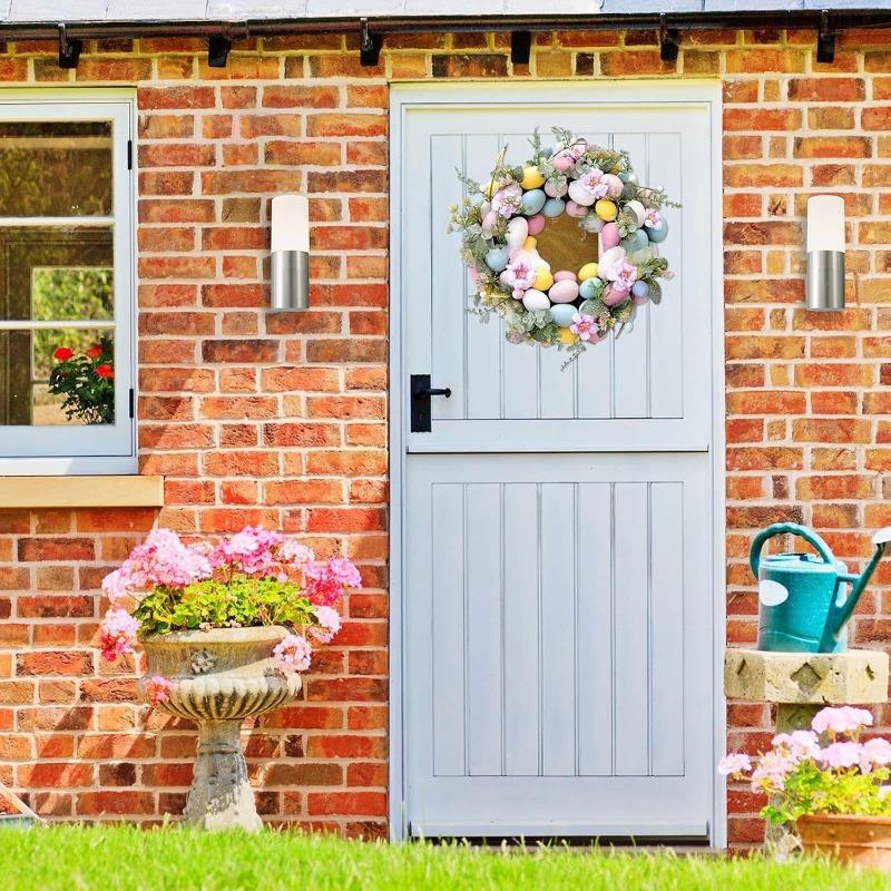 Coronițe de Paște pentru ușa din față, coroană pentru ouă de Paște, coroană de Paște artificială de 40 cm, ușă din față, coroană colorată de ouă de Paște cu frunze