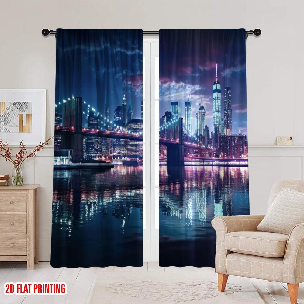 2pcs,2D plane printing Window Curtain City Nightscape Polyester Fabric (without rod) All Seasons Perfect for Living Room &