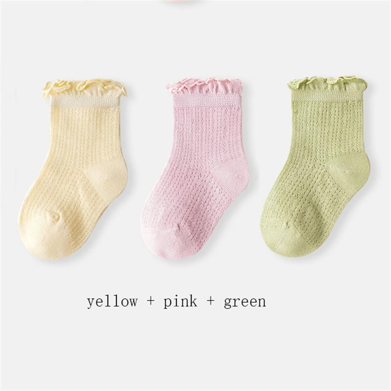 3 Pary/Partia Letnie Dziecięce Siateczkowe Cienkie Skarpetki Jednolite Miękkie Bawełniane Skarpetki Noworodkowe Księżniczka Falbanka Niemowlę Maluch Dziewczynki Śliczne Oddychające Skarpetki
