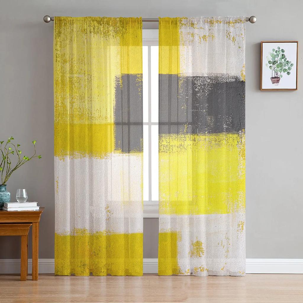 Oil Painting Style Abstract Geometric Yellow Drapes Bedroom Window Curtain Living Room Sheer Curtains Curtain Panels
