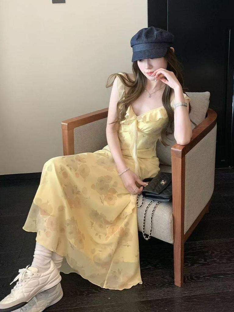 Yellow Strappy Summer Beach Dress: Elegant Ruffled French Style with Puff Sleeves and Cinched Waist