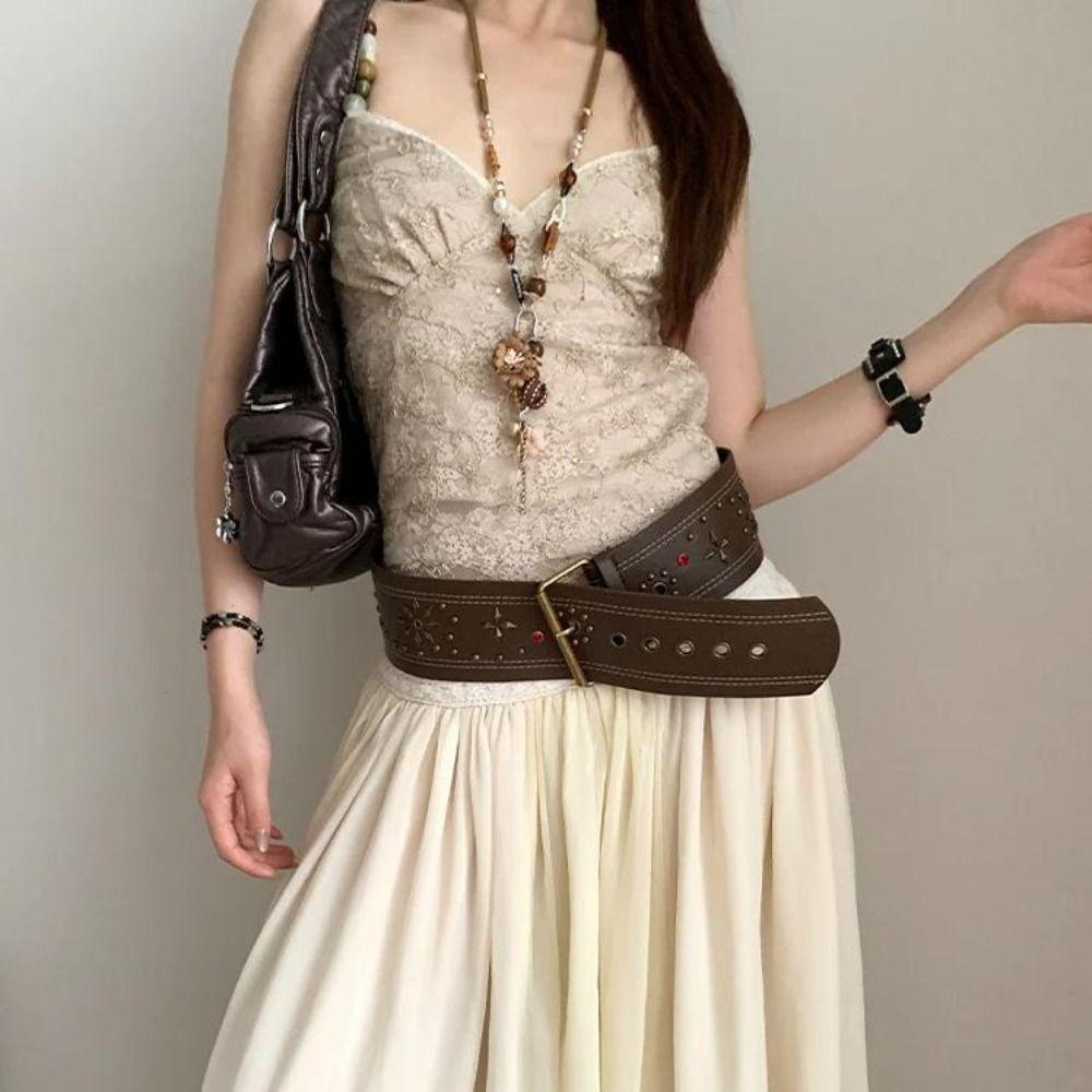Vintage Leather Waist Belt Y2k Dress Jeans Belt Retro Women's Rivet Belt  Waist-Cinching