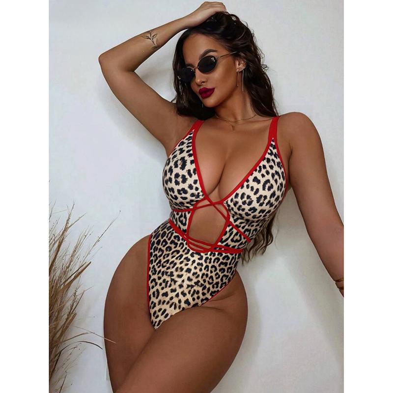 Sexy Leopard Print Hollow Out Monokini Swimsuit Woman One Piece Swimwear Red String Cross High Cut Bathing Suit Bodysuits