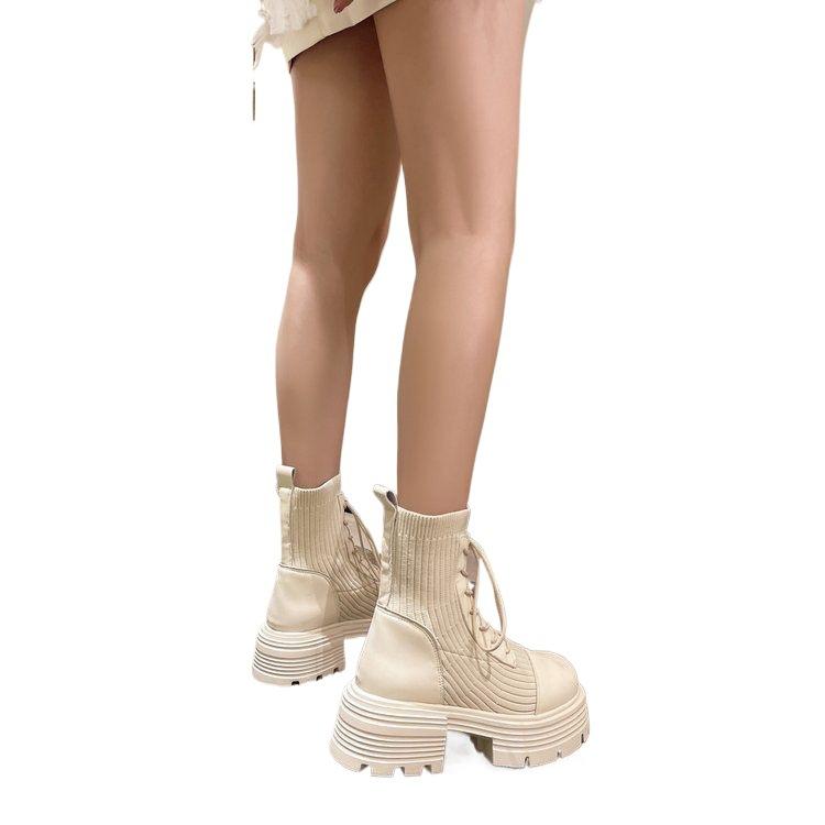 Martin boots women's 2025 spring and autumn new short tube thick-soled elastic boots medium tube boots gray upgraded version beige upgraded version