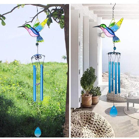 Evealyn Outdoor Hummingbird Wind Chimes, Indoor Handing Stained Glass Metal Music Beautiful Wind Chimes for Home, Balcony,Window, Garden, Yard,