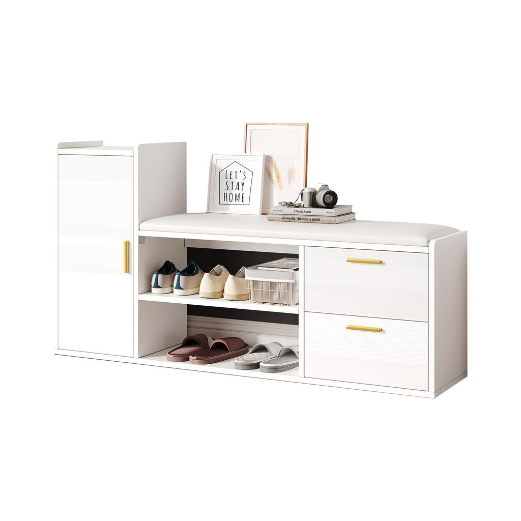 Scarpiera 128*30*68cm con 2 Cassetti 1 Armadietto, Panca Scarpiera Laccata Lucida con Imbottitura e Contenitore, Adatta per Soggiorno, Ingresso, Ufficio, Bianca