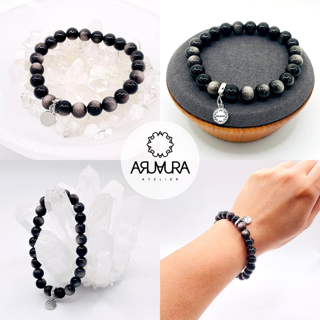 ARUAURA Lucky Silver Obsidian and Natural Stone Power Stone Prayer Good AURA0005 Bracelet, 8mm, Beads, Amulet, Fortune, Success, Healing,