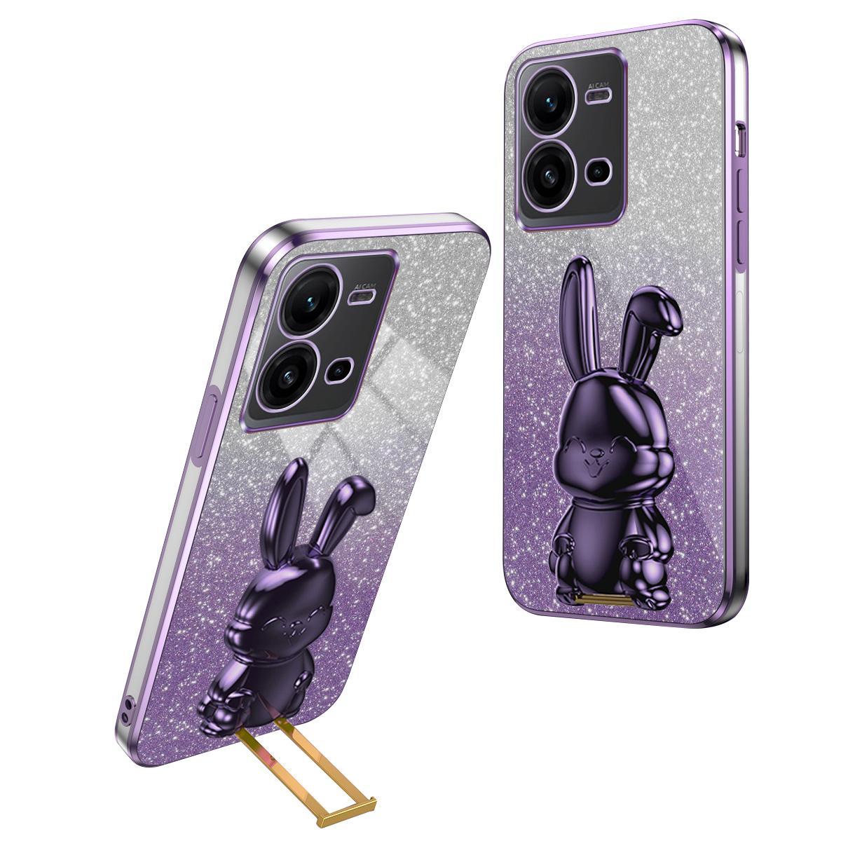 

For vivo V25 5G Kickstand Case Rabbit Design PC+TPU Phone Cover Purple